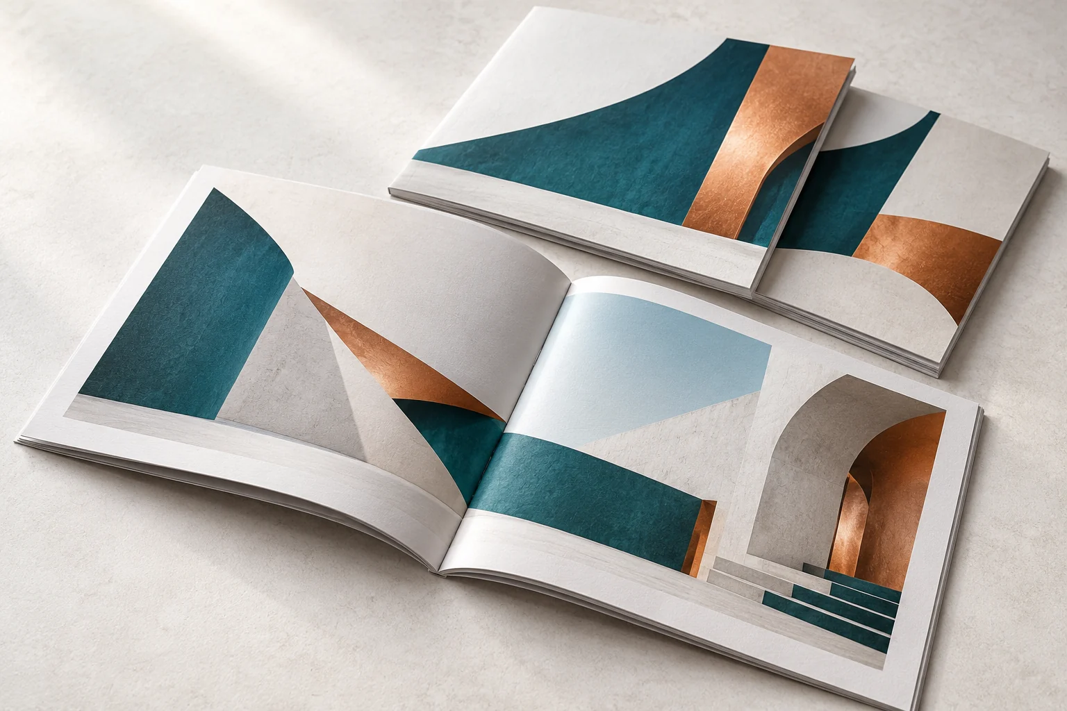 Illustrative printed brochures and catalogues with visible paper and folded spines.
