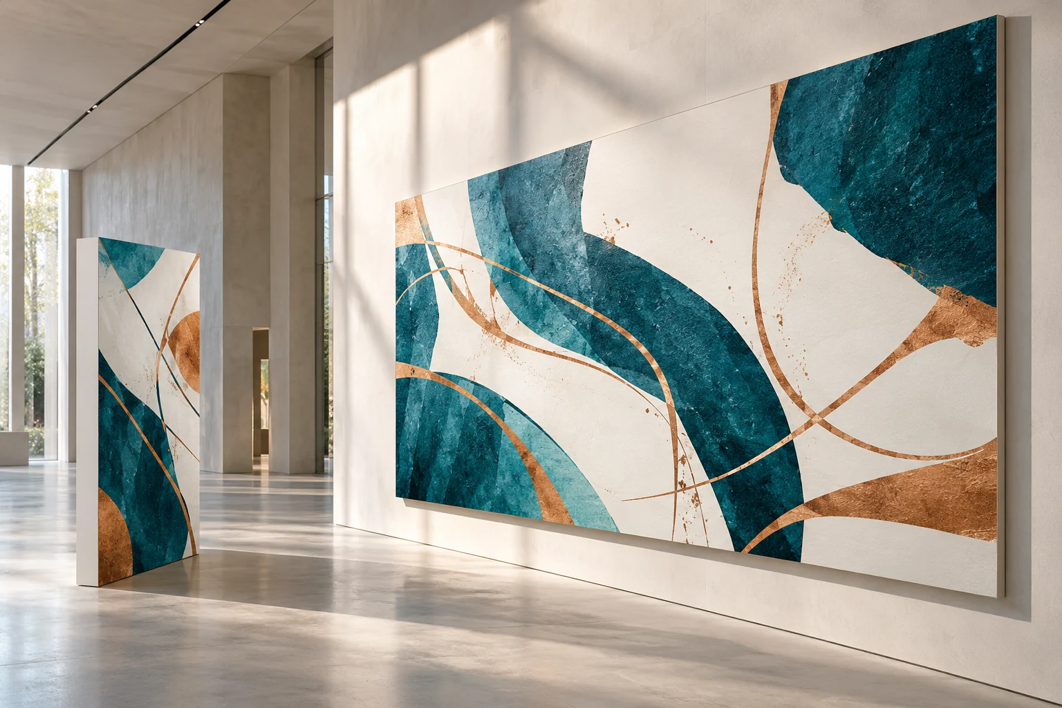 Illustrative large printed wall graphic and freestanding display in an architectural interior.