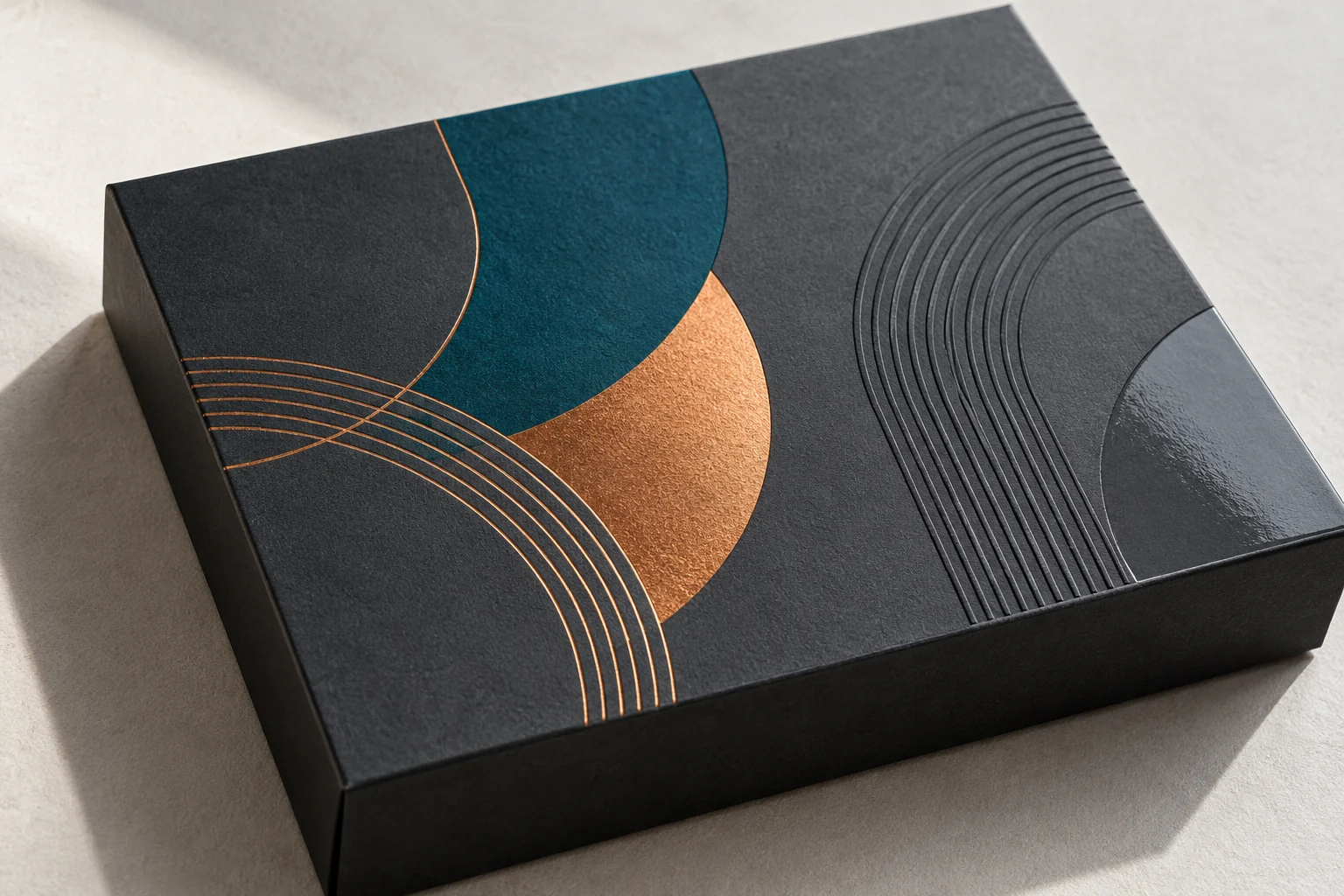 Illustrative copper foil, embossed paper and selective gloss finishing samples.