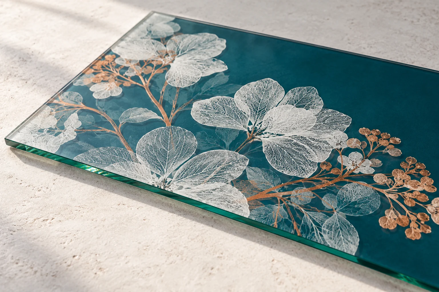 Illustrative opaque white and teal print detail on a flat glass pane.