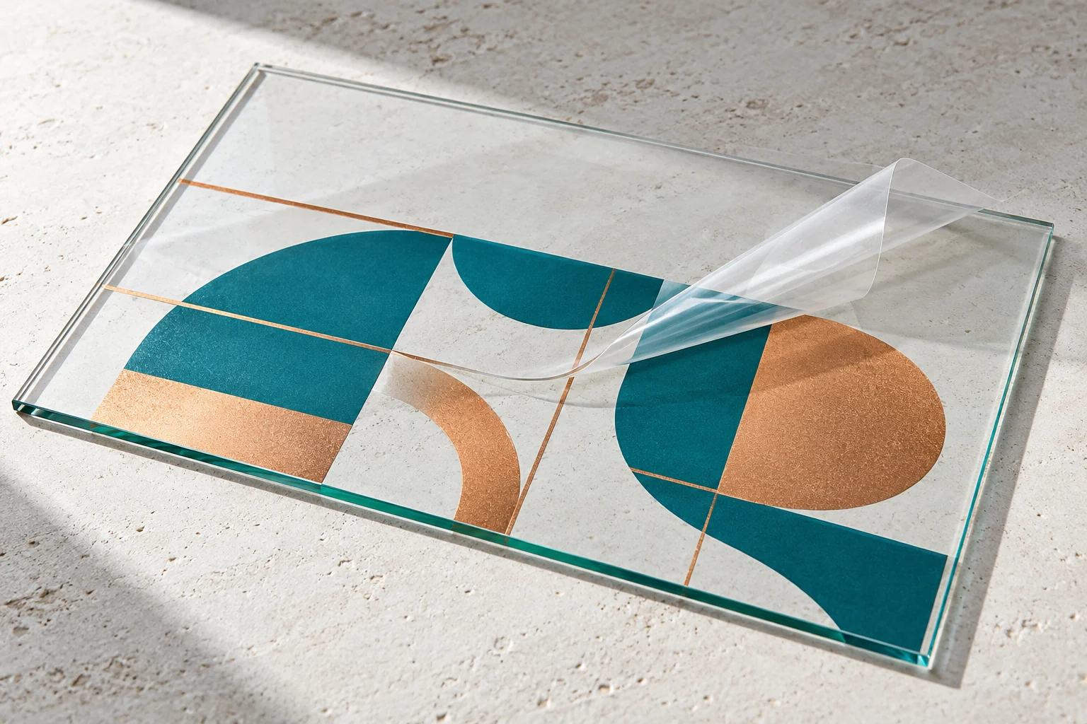 Illustrative transfer-film and geometric decoration study on a flat glass panel.