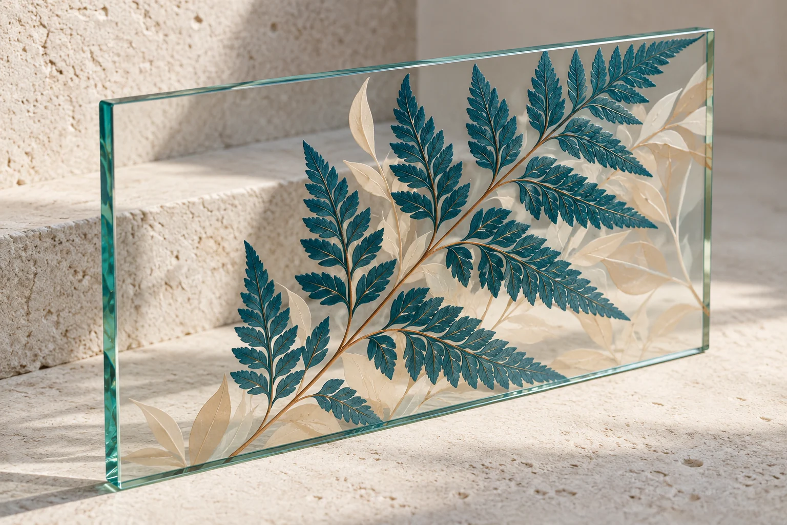 Illustrative flat glass panel with a printed botanical graphic and transparent edges.