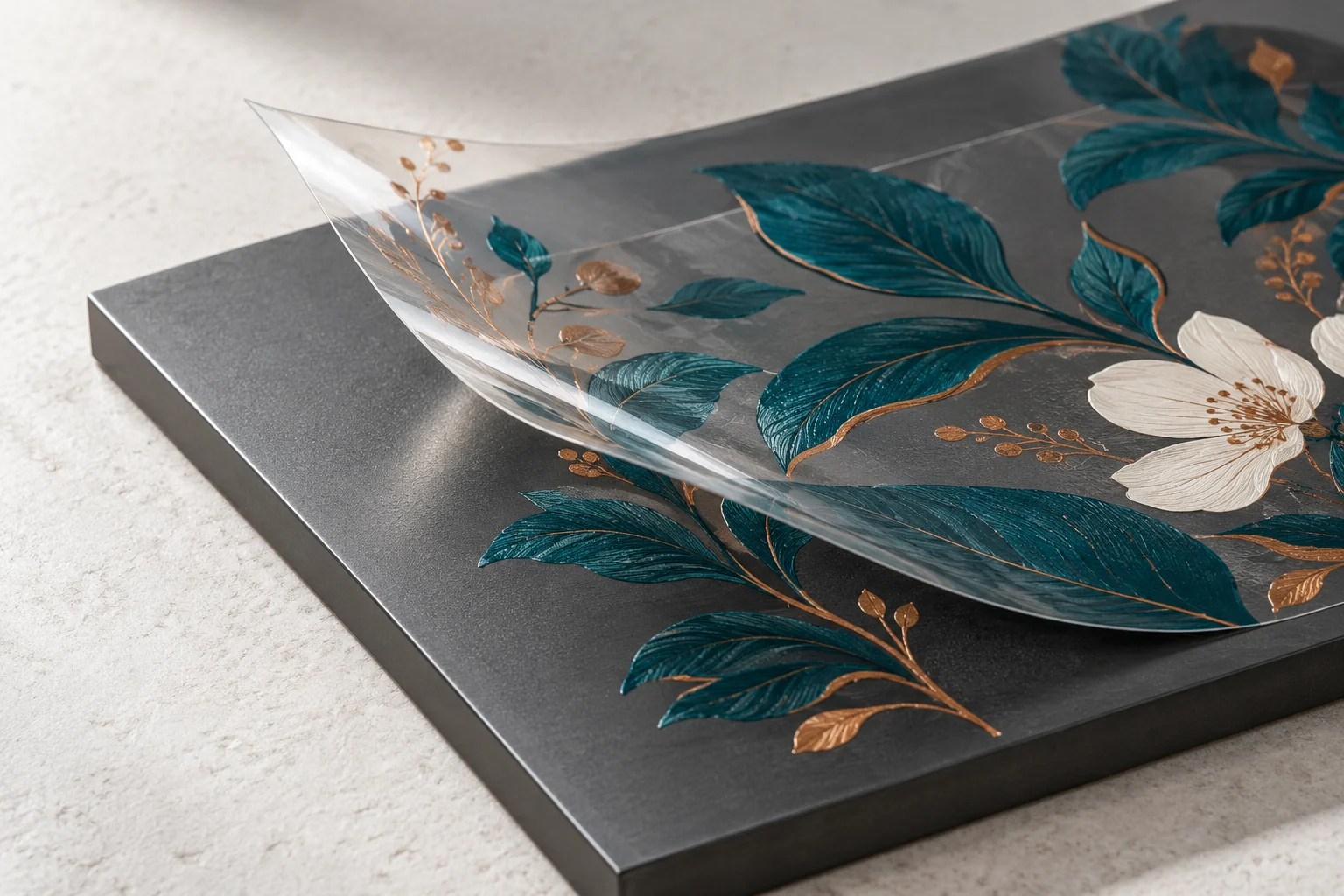 Illustrative UV DTF transfer film and printed detail above a coated metal plate.