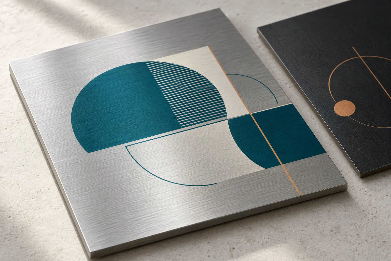 Illustrative printed brushed aluminium and coated metal sample panels.