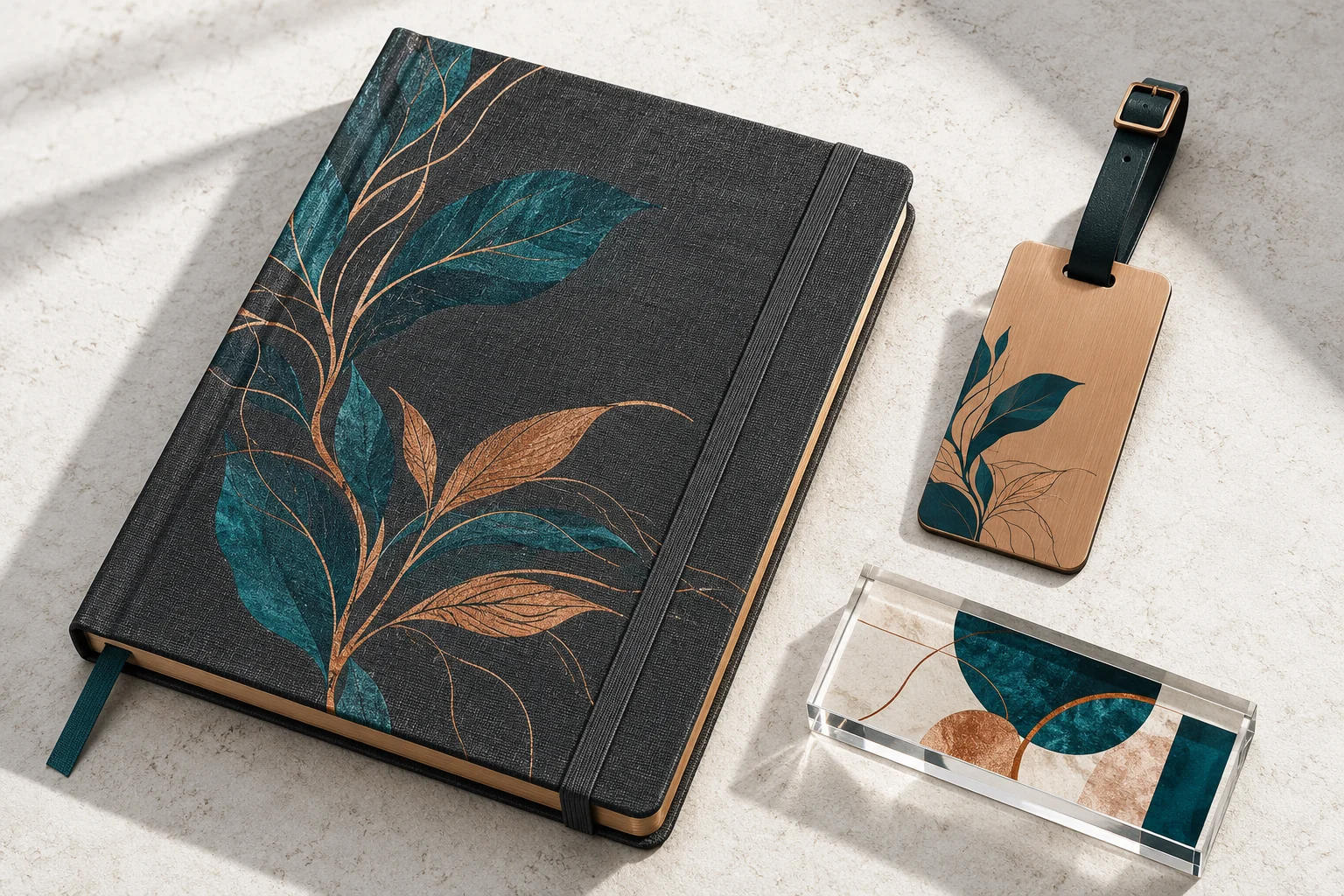 Illustrative printed notebook, metal tag and acrylic corporate gift samples.
