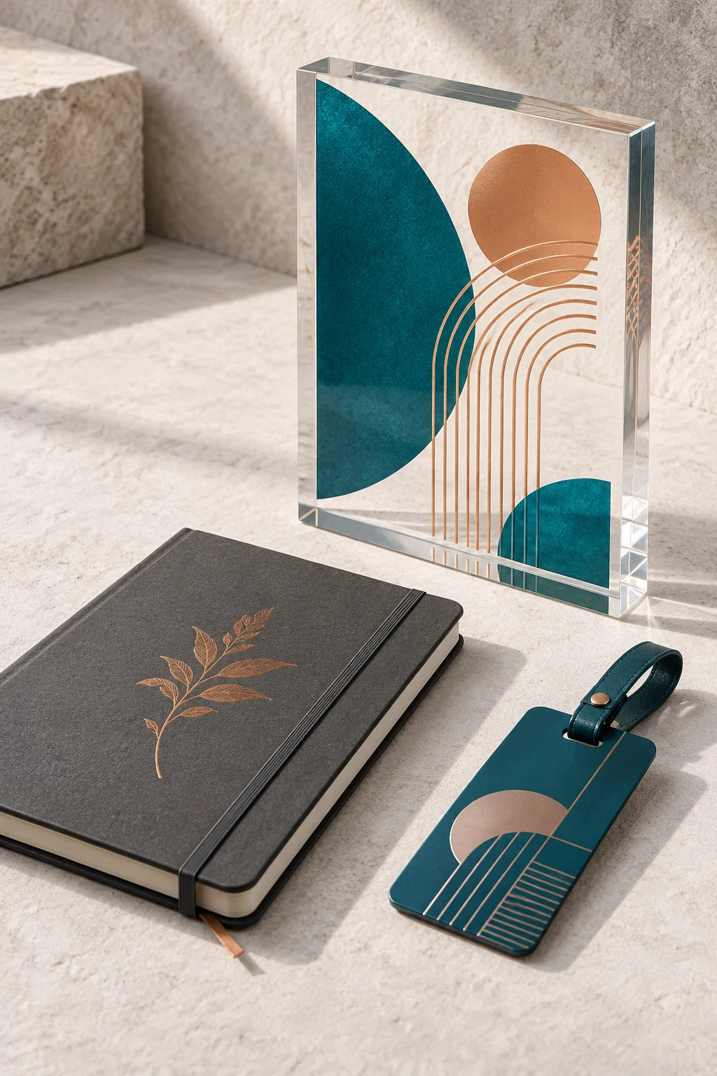 Illustrative printed acrylic desk plaque, notebook and aluminium tag.