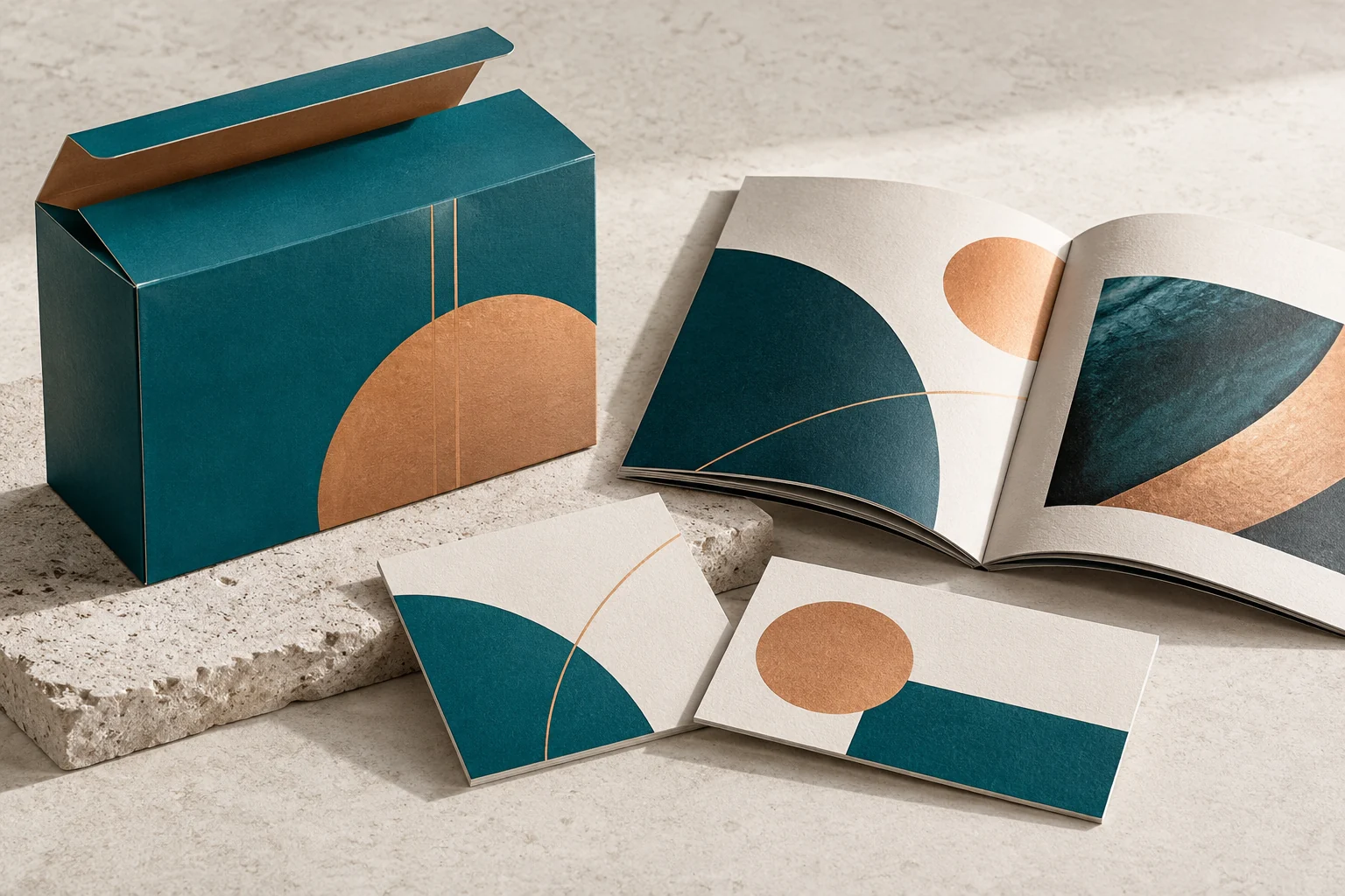Illustrative printed carton, brochure and stationery arranged on a pale surface.