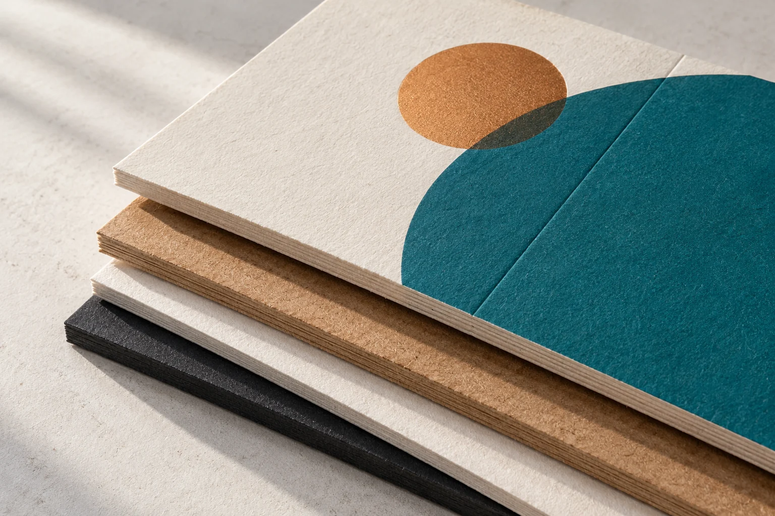 Illustrative paperboard specimens with cut edges, printed faces and a scored fold.