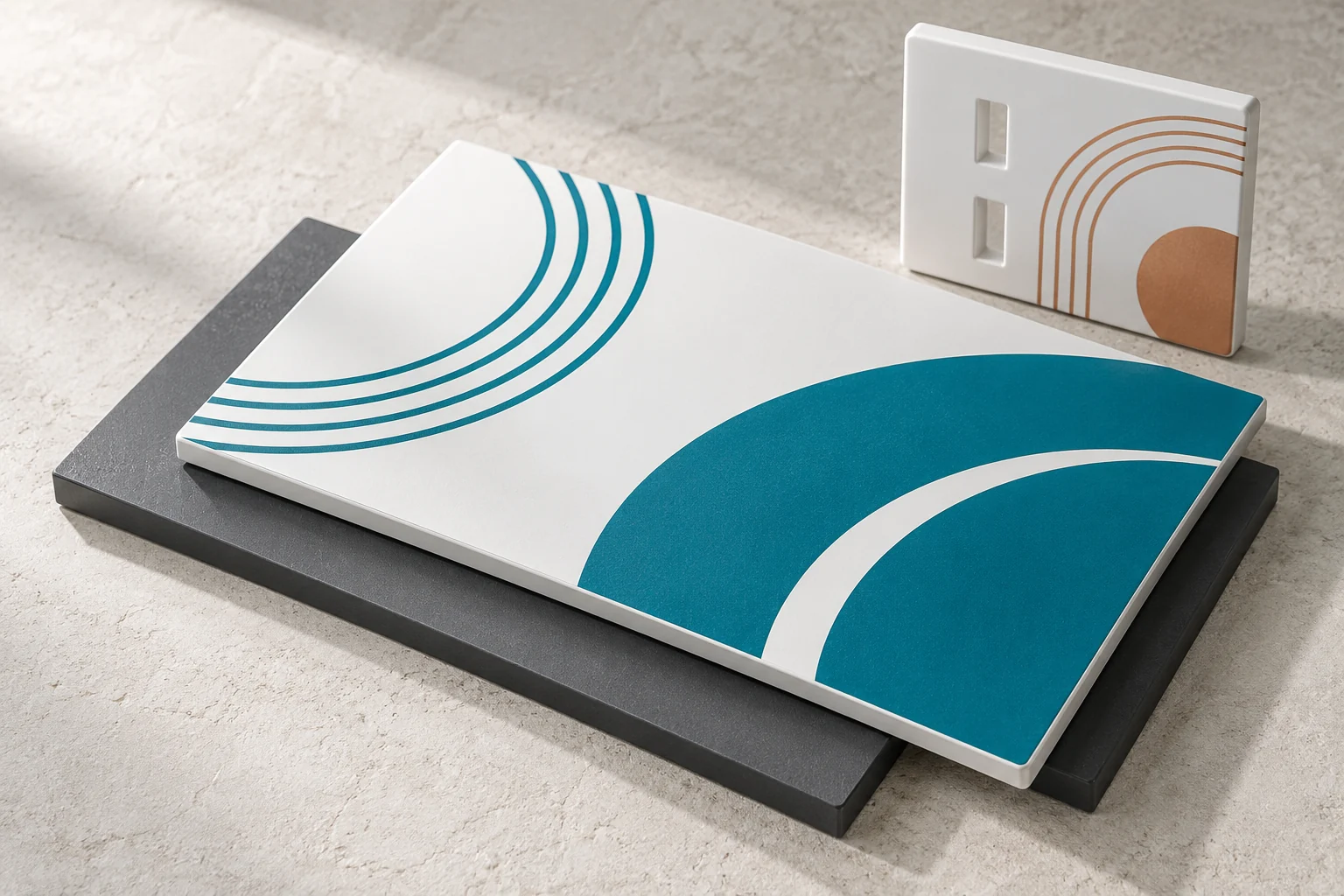 Illustrative printed rigid plastic sheets and a rectangular faceplate.