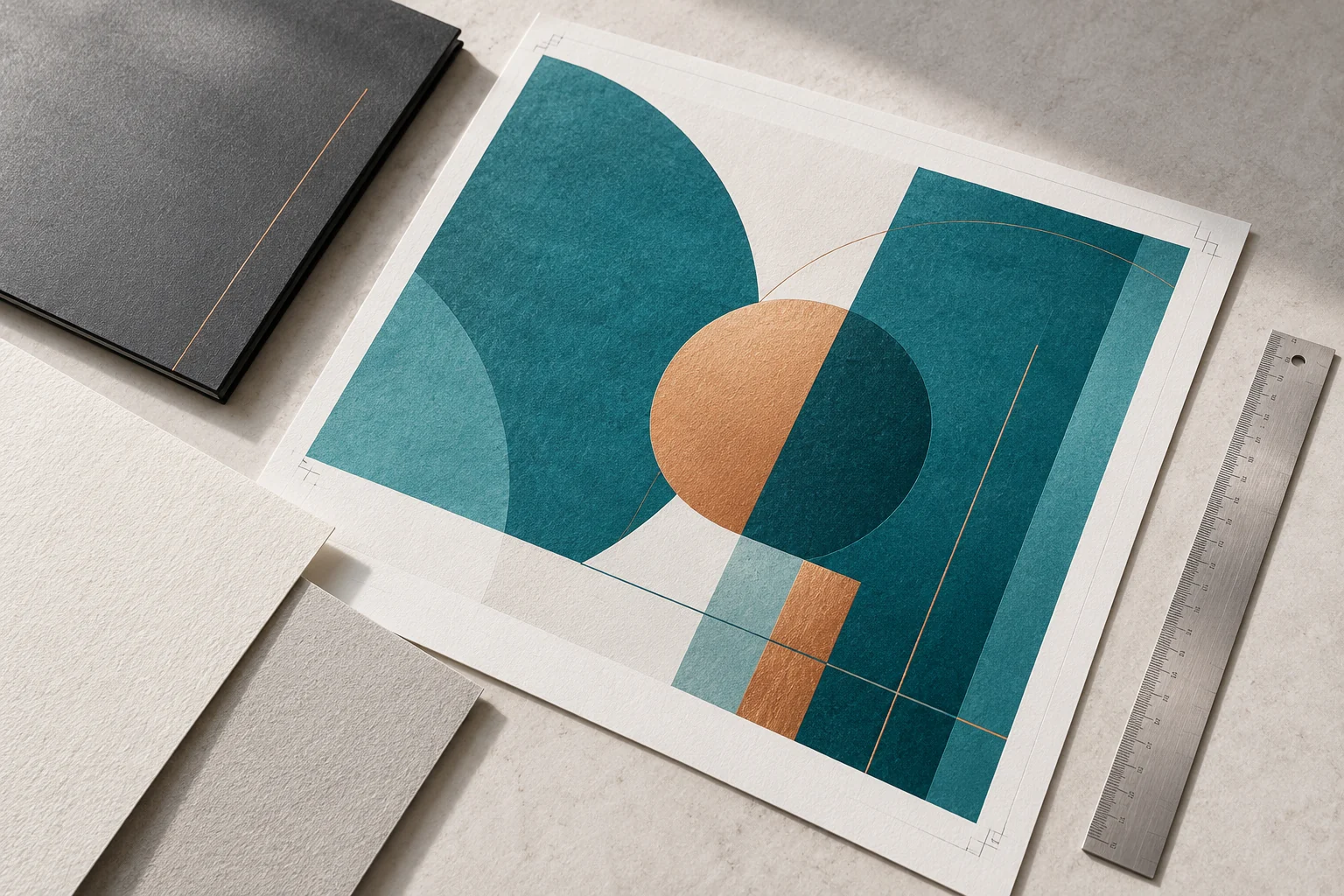 Illustrative print proof, artwork folder, ruler and paper stocks arranged for review.