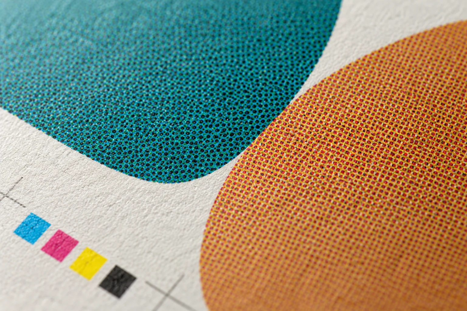 Illustrative macro view of halftone ink, paper texture and registration detail.