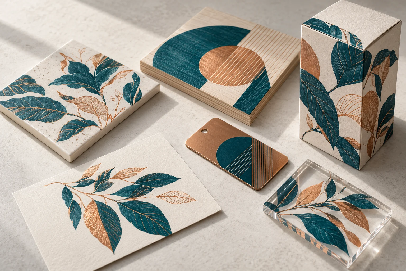 Illustrative collection of printed tile, wood, metal, acrylic and paper specimens.