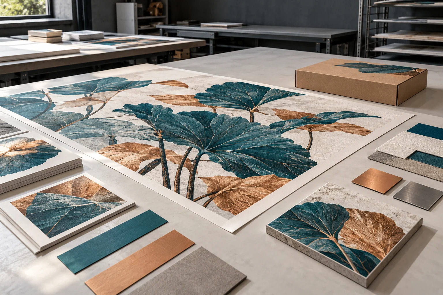 Illustrative studio arrangement of print proofs, rigid samples and packaging.
