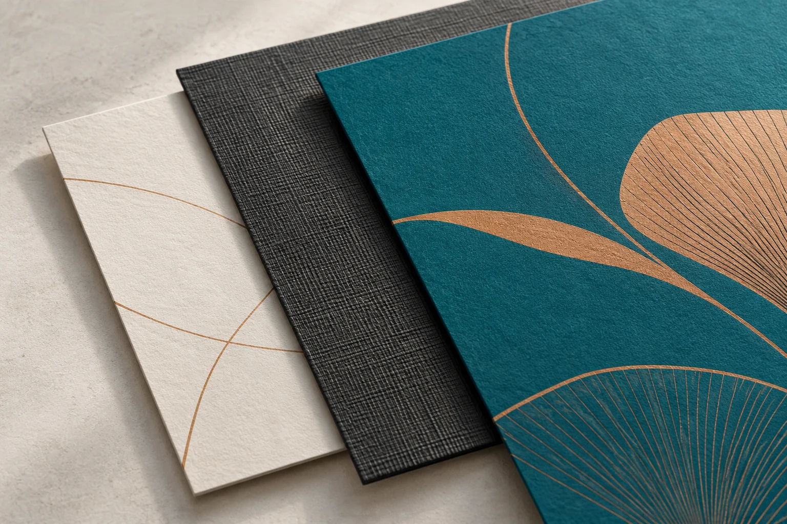 Illustrative laid, linen-textured and matte printed paper swatches.