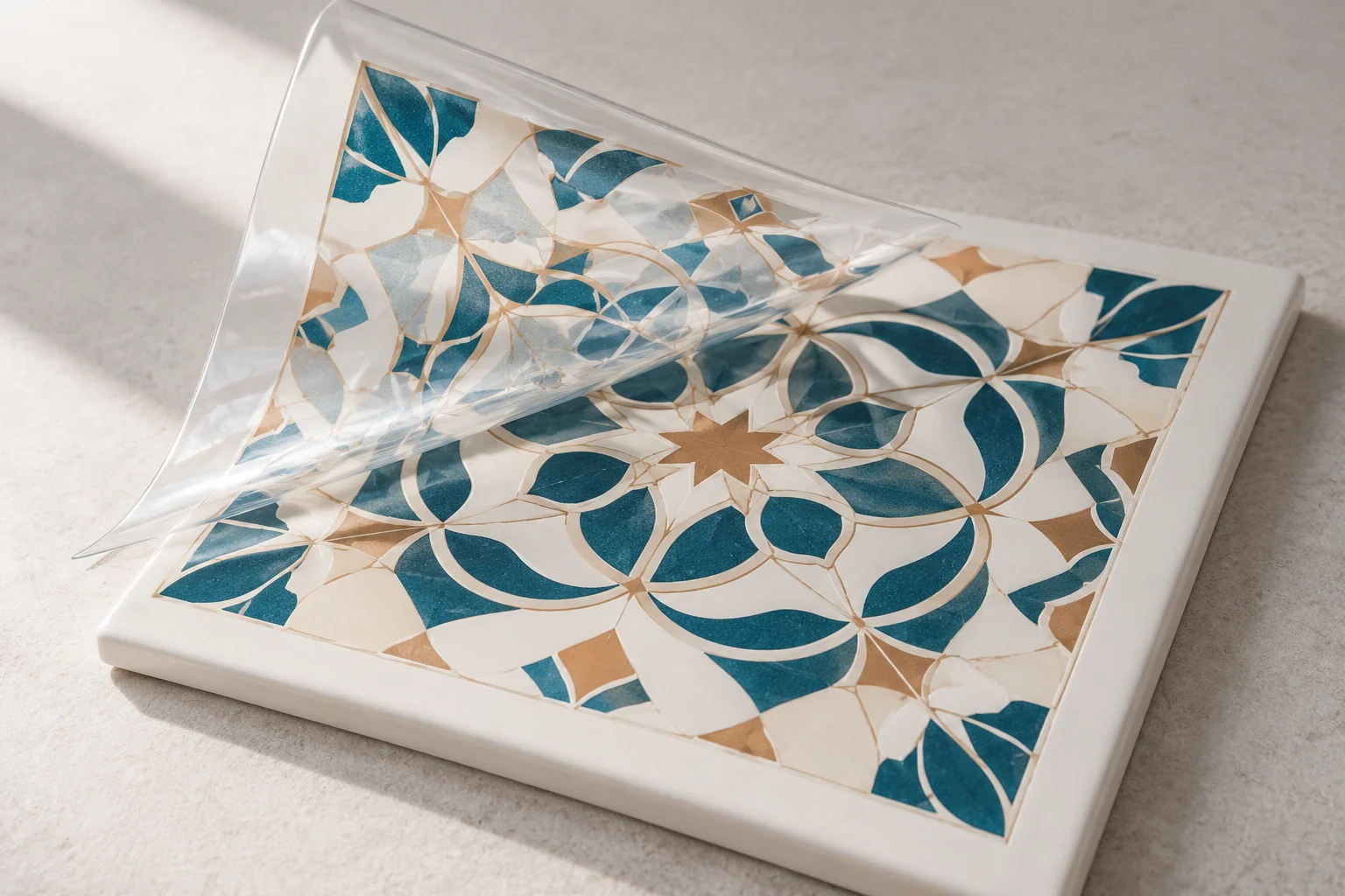Illustrative UV DTF transfer film positioned above a flat ceramic tile.