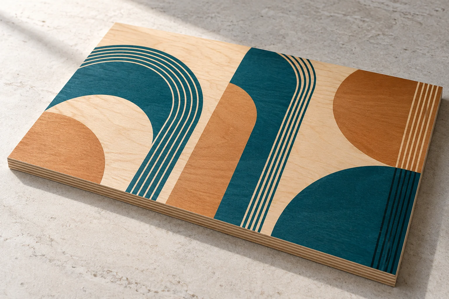Illustrative geometric print on birch plywood with visible grain and layered edges.